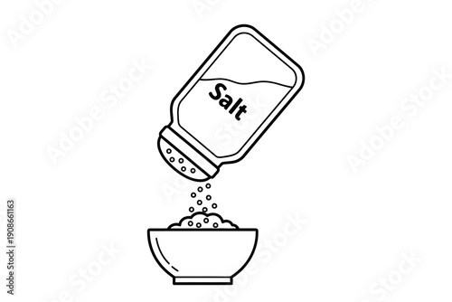 Black and white illustration of salt being poured from a shaker into a bowl on a plain