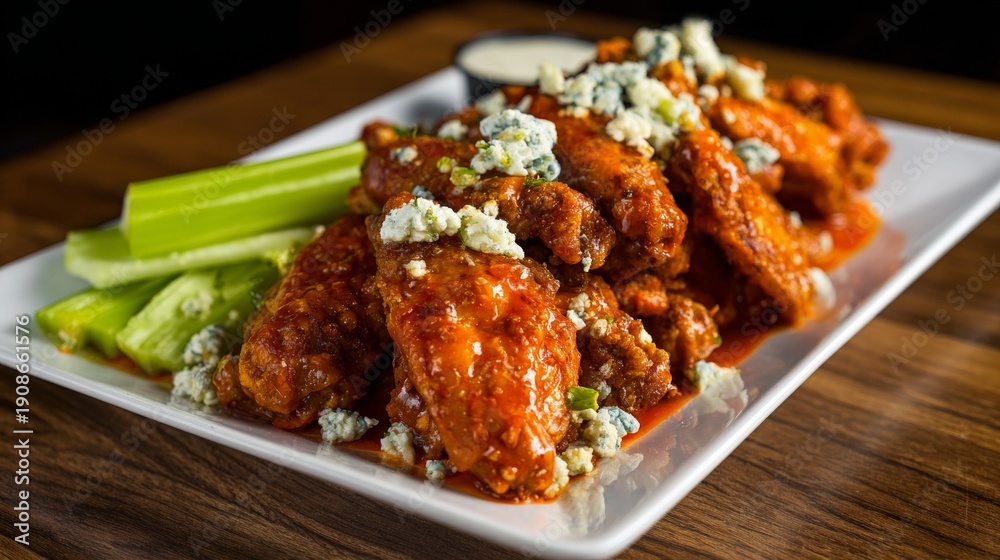 Fototapeta premium Buffalo chicken wings with blue cheese, celery, and ranch on white plate