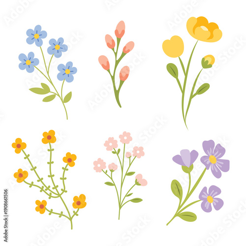 Spring floral set with tiny flowers. Retro flowers collection.