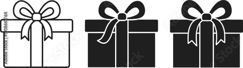Black and white gift box vector illustration, present icon, celebration symbol, holiday packaging design, decorative ribbon artwork, festive surprise element