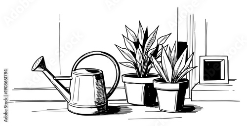 Watering Can with Potted Plants on Windowsill Hand Drawn Black and White Vector Illustration