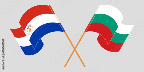 Crossed and waving flags of Republic of Paraguay and Bulgaria. Vector illustration