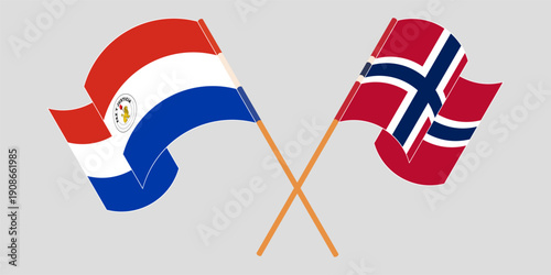 Crossed and waving flags of Republic of Paraguay and Norway. Vector illustration
