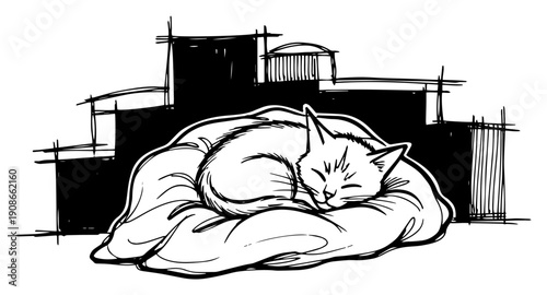 Sleeping Cat on Soft Pillow Cozy Home Hand Drawn Black and White Vector Illustration
