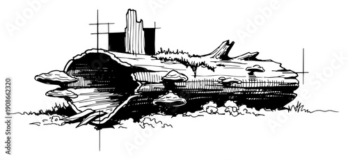 Fallen Tree Trunk with Mushrooms Moss and Fungi Forest Floor Black and White Vector Illustration