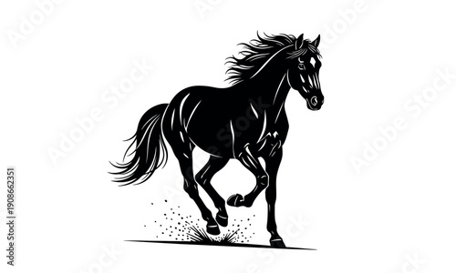 A black horse running with a flowing mane and tail with motion blur effect