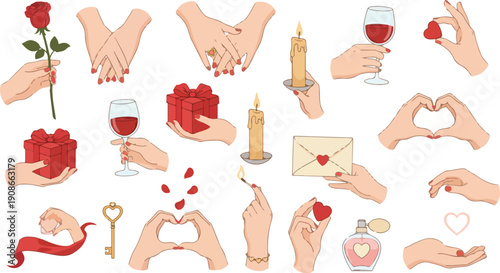 A cartoon vector illustration set of holiday hands with manicure gestures and Christmas design elements Valentine's Day