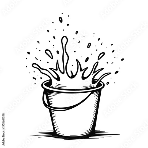 Water splashing from a bucket in a hand-drawn style  