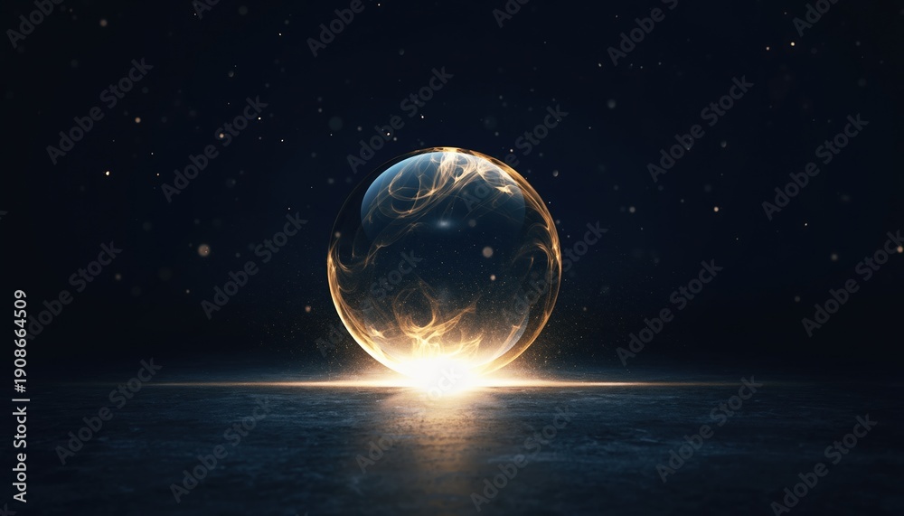 Fototapeta premium Abstract glowing orb with golden light on a dark surface, with a cosmic, magical feel. Suitable for fantasy, science fiction, or spiritual concepts.