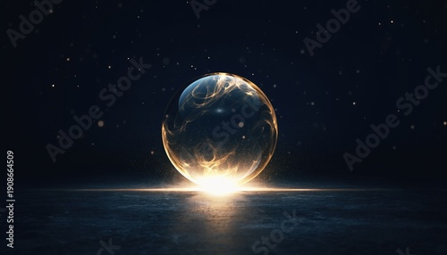 Abstract glowing orb with golden light on a dark surface, with a cosmic, magical feel. Suitable for fantasy, science fiction, or spiritual concepts.
