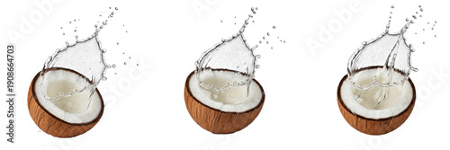 Fresh coconut half with coconut water splash explosion isolated on white background, high speed liquid splash photography, coconut water concept for beverages and packaging, Cocos nucifera PNG