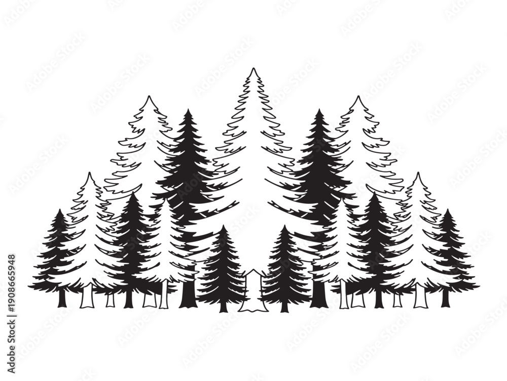 Obraz premium Traditional forest trees drawn in clean line art