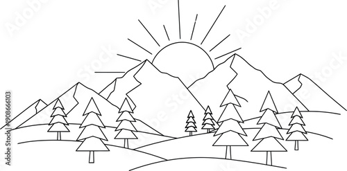 Minimalist line art depiction of a bright sun rising over jagged mountain peaks above a stylized forest landscape featuring multiple evergreen trees, perfect for coloring pages.