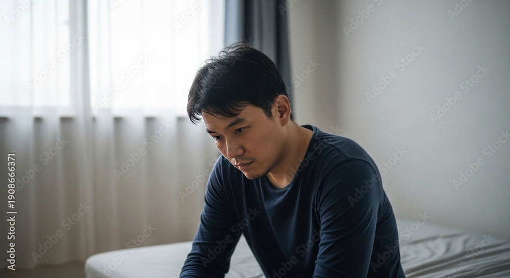 Fototapeta premium Man sitting on bed looking down in a room with natural light during a quiet morning