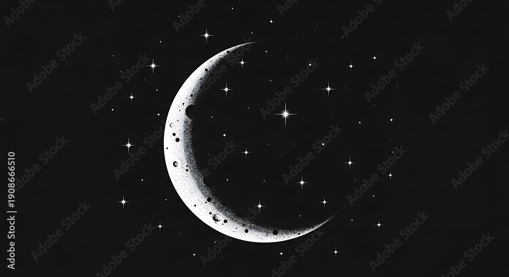 Naklejka premium Crescent Moon with Stars in Night Sky.
