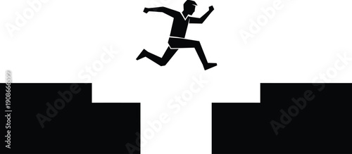 A silhouetted figure appears to be running or jumping off steps