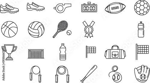Collection of black and white line art icons representing various sports equipment including balls footwear a whistle stopwatch medal trophy nets and bags for fitness activities