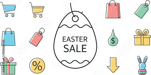 Collection of colorful line art icons featuring shopping elements like carts bags tags gifts and a central egg shape advertising an easter sale promotion for retail commerce