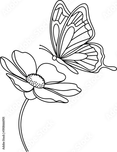 Simple black and white line art drawing featuring an elegant butterfly gracefully hovering near a delicate single blooming flower on a thin stem isolated against a plain background