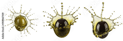 Fresh olive fruit with olive juice splash explosion isolated on white background, high speed liquid splash photography, olive juice concept for beverages and packaging, Olea europaea PNG