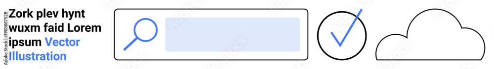 Obraz premium Web interface design, data validation, cloud storage, online search, digital tools, user accessibility. A magnifying glass, search bar checkmark and cloud. Web design and data validation concepts