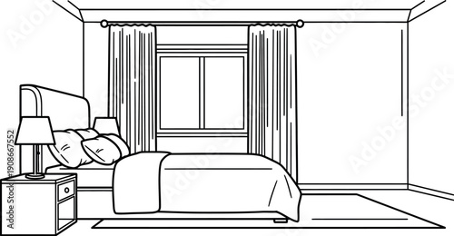 Simple line art drawing depicting a neatly made bed with pillows, side tables, lamps, and drawn curtains framing a central window in a bedroom setting.