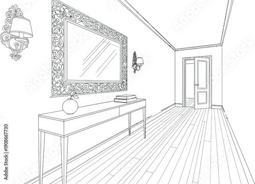 Elegant line art drawing depicts a sophisticated hallway interior featuring a highly detailed baroque mirror above a narrow console table with decorative objects leading towards a doorway.