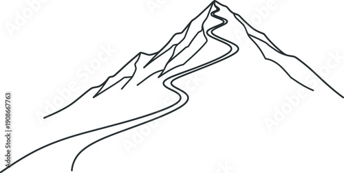Minimalist black line art illustration depicting a winding road ascending a rugged mountain peak in a simple yet elegant vector graphic style.