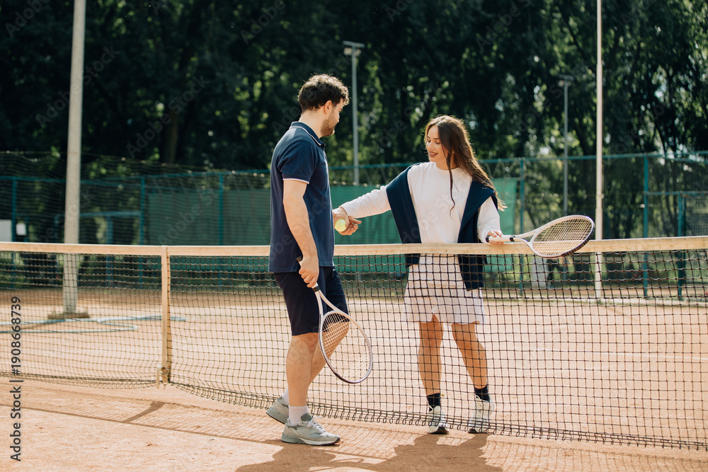 Obraz premium Young couple discussing strategy on tennis court