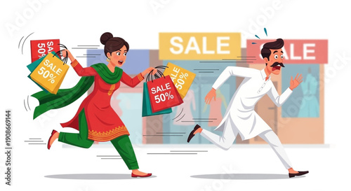 Happy Pakistani couple rushing to sale, shopping bags in hand, excited about discounts, sale signs in background, shopping spree, pakistani people, pakistani couple