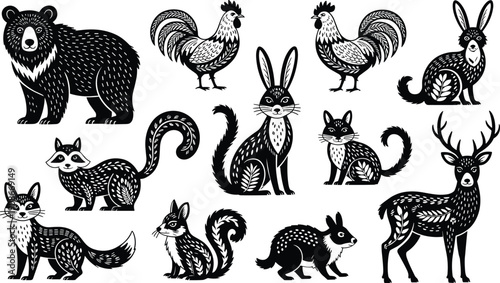 Black and White Folk Art Animal Set Featuring Bear, Deer, Fox, Roosters, and Rabbits in Woodcut Style