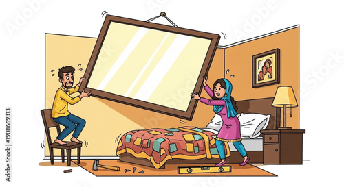 Pakistani couple hanging a large picture frame in their bedroom, teamwork and collaboration in a domestic setting, a man and woman working together