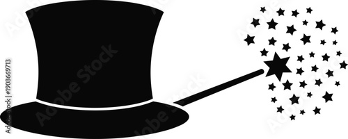 Magician Top Hat and Magic Wand Silhouette Illustration with Sparkling Stars Isolated on White Background