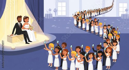 Wedding couple sitting on stage with crowd of people taking photos with their smartphones, modern wedding ceremony, bride and groom