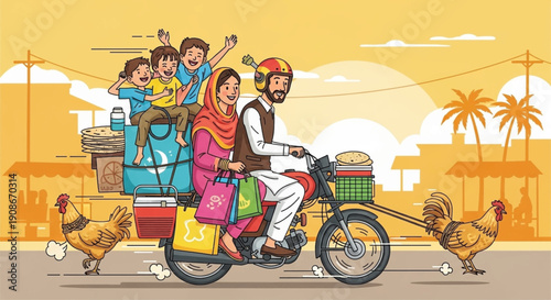 Happy pakistani family on a rickshaw with kids, a woman and man riding through a vibrant street with chickens and food, Pakistan