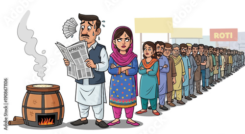 Cartoon illustration of a long line of Pakistani people waiting for food, a man reading a newspaper and a woman wearing a pink headscarf, standing in front of a clay oven with a sign saying 'ROTI'