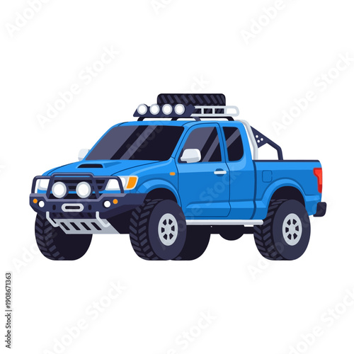 Blue off-road pickup truck with roof rack and spare tire, ready for adventure