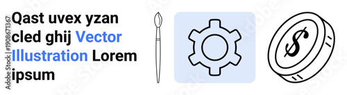 Paintbrush, gear icon in a blue square, and dollar coin highlight creativity, technology, and finance usage themes. Ideal for design, application, finance, marketing business education simple