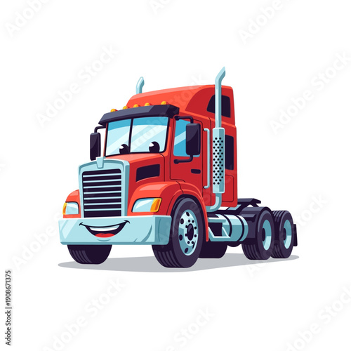 Happy Red Semi Truck with Smiling Face, Cartoon Style, Isolated on White Background