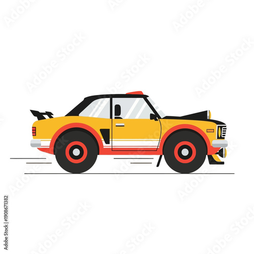 Retro rally car, vintage racing vehicle, yellow and black sports car with spoiler, flat design