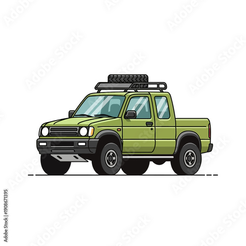Green off-road pickup truck with roof rack and spare tire, adventure vehicle