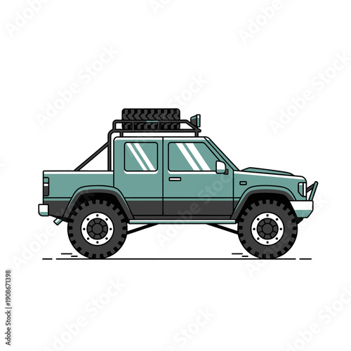 Off-road pickup truck with spare tire on roof rack, lifted suspension, and rugged tires