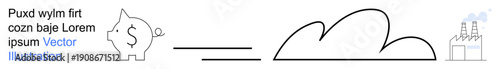 Sustainability, environmental impact, economics, industries, emissions, investments. Minimal line art shows a piggy bank, an arrow cloud and a factory with smoke. Sustainability and environmental