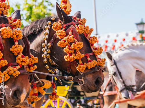 Elegant Horses Adorned for Seville April Fair Celebration