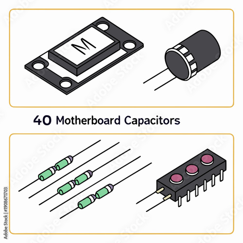 Detailed illustration of various motherboard capacitors including chip, cylindrical, and radial types in black, white, green, and pink colors