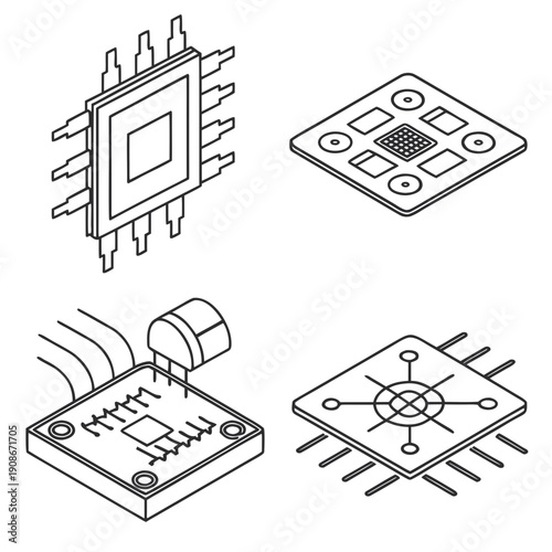 Detailed Line Art Illustration of Four Different Microchip Designs with Various Shapes and Patterns