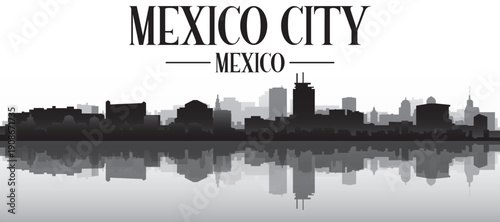 Black and white panoramic poster of the city skyline with misty background buildings and water reflection of MEXICO CITY, MEXICO