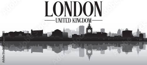 Black and white panoramic poster of the city skyline with misty background buildings and water reflection of LONDON, UNITED KINGDOM