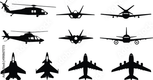 Vector Silhouette Set of Aircraft Featuring Fighter Jets, Helicopters, Cargo Planes, and Airliners Shown from Front, Side, and Top Perspectives,
