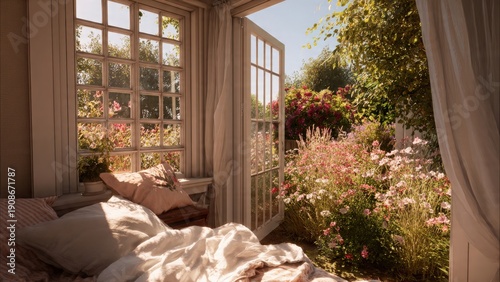 Serene Bedroom Overlooking a Vibrant Flower Garden in Daylight